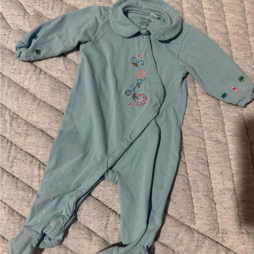 Petit Lem vintage Light Blue Floral Embroidered Footie